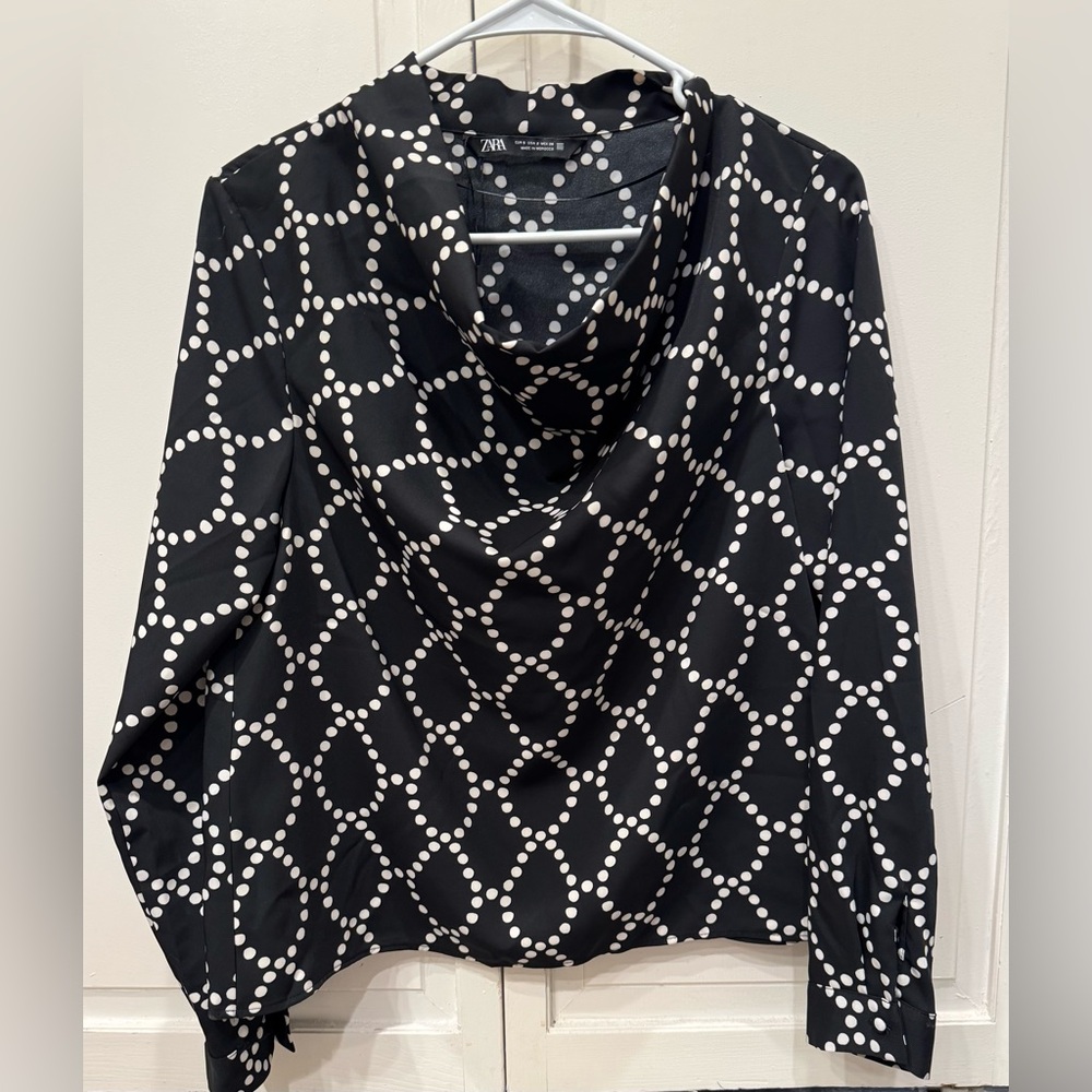 Zara—Black &Winter White Patterned Blouse, S, Cowl/Drape Neckline, Button Cuffs